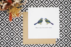 This cheeky valentines card features two illustrated blue tits facing each other. Underneath is the text Best tits Ive ever seen