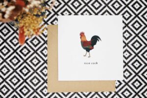 This cheeky valentines card features a hand illustrated cockerel and the words nice cock written underneath