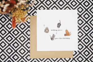A cute cat themed birthday card with four illustrated cats wearing party hats. One ginger tabby sits with a red present, a grey tabby sits with its eyes closed holding a balloon in it's mouth, a grey cat stands on its back legs holding a balloon and the fourth cat is pouncing towards this balloon. The cats surround the text wishing you a purr-fect birthday