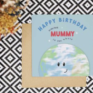 A playful and fun card with a blue background that reads Happy Birthday to the best Mummy in the whole and underneath the text there is an illustration of the planet earth with a smiling face.
