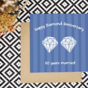 Celebrate 60 years married with this colourful blue striped card that features two illustrated diamonds. The card reads Happy Diamond Anniversary 60 years married in white text.