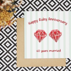 Celebrate 40 years married with this colourful green striped card that features two illustrated ruby gems. The card reads Happy Ruby Anniversary 40 years married in red text.